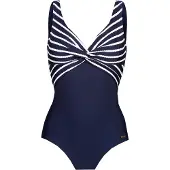 LASCANA Badeanzug , Damen, Gr. 44, Cup D, blau (marine, weiß), Polyamid, gestreift, unifarben mit Farbeinsatz, Badeanzüge Badeanzug, in getwisteter Optik und Shaping-Effekt