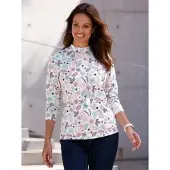 Inspirationen Stehkragenshirt "Stehkragen-Shirt", Damen, Gr. 38, lila (ecru, mauve, bedruckt), 95% Baumwolle, 5% Elasthan, bedruckt, geblümt, gemustert, mehrfarbig, Shirts Stehkragenshirt
