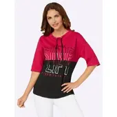 Inspirationen Stehkragenshirt "Druck-Shirt", Damen, Gr. 46, rot (rot, schwarz, bedruckt), 100% Baumwolle, bedruckt, gemustert, mehrfarbig, Rundhals, Shirts Stehkragenshirt