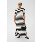 KAFFE CURVE Midikleid "Damen Kleid KChellen", Damen, Gr. S, N-Gr, weiß (chalk, schwarz stripes), Obermaterial: 45% Polyester PES. 25% Baumwolle CO. 25% Viskose CV. 5% Elasthan EL., Kleider Midikleid