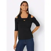 Création L Kurzarmshirt "Shirt", Damen, Gr. 38, schwarz, 95% Baumwolle, 5% Elasthan, unifarben, V-Ausschnitt, Shirts Kurzarmshirt