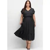 Sheego Maxikleid "Maxikleid Maxikleid mit Smokbund und Volant am Saum", Damen, Gr. 46, Normalgrößen, schwarz, Modisch, V-Ausschnitt, Kleider Maxikleid, mit Smokbund und Volant am Saum