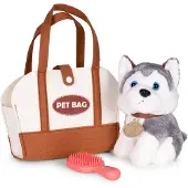 MULTISTORE Plüschhündchen in der Handtasche Husky Spielzeug für Kinder + Pflegebürste