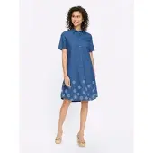 HEINE Sommerkleid "Kleid", Damen, Gr. 46, Normalgrößen, blau (blau, bleached), Denim/Jeans, 100% Baumwolle, geblümt, gemustert, mehrfarbig, knielang, Rundhals, Kleider Sommerkleid
