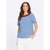 HEINE Blusenshirt "Bluse Kurzarm-Bluse in Koffer-Qualität", Damen, Gr. 38, blau (eisblau), Elegant, Rundhals, Shirts Blusenshirt