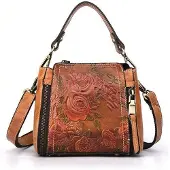 Tollzwood Echtleder Handtasche Element Kaffeeton mit geprägtem Blumenmuster und Reißverschluss