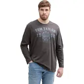 Tom Tailor Langarmshirt PLUS, Herren, Gr. 3XL, grau (tarmac grau), Single Jersey, Obermaterial: 100% Baumwolle, bedruckt, bequem hüftbedeckend, Rundhals, Shirts Langarmshirt, mit Logo-Stickerei