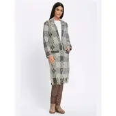 HEINE Strickjacke "Long-Strickjacke Longstrickjacke mit Fransen", Damen, Gr. 50, grau (ecru, sesam, gemustert), Jacquard, , Modisch, V-Ausschnitt, Strickjacken Strickjacke