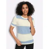 Sieh an! Longpullover SIEH AN "Kurzarm-Pullover Kurzarmpullover im Ringel-Dessin", Damen, Gr. 52, himmelblau, ecru, gemustert, Strick, , Sportlich, Rundhals, Pullover Longpullover