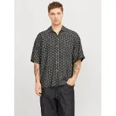 Jack & Jones Kurzarmhemd "JORMARSHALL ISLINGTON AOP SHIRT SS SN", Herren, Gr. M, N-Gr, schwarz, Web, Obermaterial: 85% Viskose, 15% Nylon, gemustert, weit normal, Hemden Kurzarmhemd