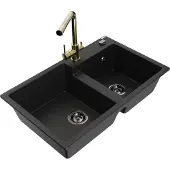 Mexen Tomas 2-Becken-Granitspüle mit Mischbatterie Duero, Schwarz - 6516-77-671600-50-B