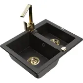 Mexen Carlos 1,5-Becken-Granitspüle mit Mischbatterie Rita, Schwarz/Gold metallisch - 6518-75-670300-50