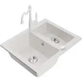 Mexen Carlos 1,5-Becken-Granitspüle mit Mischbatterie Carla, Weiß - 6518-20-670700-20