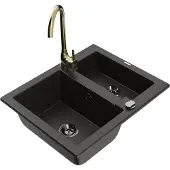 Mexen Carlos 1,5-Becken-Granitspüle mit Mischbatterie Telma, Schwarz/Gold metallisch - 6518-75-670200-50-B