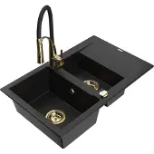 Mexen Gaspar 1,5-Becken-Granitspüle mit Abtropffläche und Mischbatterie Aster, Schwarz - 6507-77-73450-57-G