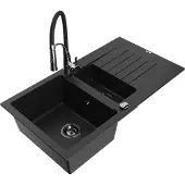 Mexen Matias 1,5-Becken-Granitspüle mit Abtropffläche und Mischbatterie Aster, Schwarz - 6502-77-73450-07-B