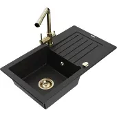 Mexen Pablo 1 Becken-Granitspüle mit Abtropffläche und Mischbatterie Duero, Schwarz - 6510-77-671600-50