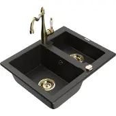 Mexen Carlos 1,5-Becken-Granitspüle mit Mischbatterie Carla, Schwarz/Gold metallisch - 6518-75-670700-50