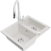 Mexen Carlos 1,5-Becken-Granitspüle mit Mischbatterie Savita, Weiß - 6518-20-672601-20