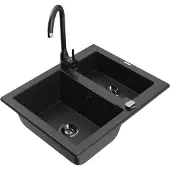 Mexen Carlos 1,5-Becken-Granitspüle mit Mischbatterie Telma, Schwarz/Silbermetallic - 6518-73-670200-70-B