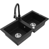 Mexen Mario 2-Becken-Granitspüle mit Mischbatterie Elia, Schwarz - 6504-77-670101-70