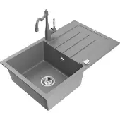 Mexen Bruno 1 Becken-Granitspüle mit Abtropffläche und Mischbatterie Carla, Grau - 6513-71-670700-71