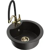 Mexen Diego 1-Becken-Granitspüle mit Mischbatterie Duo, Schwarz/Gold metallisch - 6512-75-671701-57-G