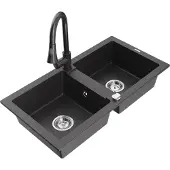 Mexen Mario 2-Becken-Granitspüle mit Mischbatterie Elia, Schwarz gesprenkelt - 6504-76-670101-76
