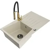 Mexen Cesar 1 Becken-Granitspüle mit Abtropffläche und Mischbatterie Aster, Beige - 6514-69-73450-57-B