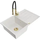 Mexen Bruno 1 Becken-Granitspüle mit Abtropffläche und Mischbatterie Aster, Weiß - 6513-20-73450-57-G