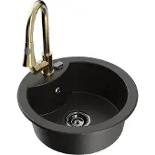 Mexen Diego 1-Becken-Granit-Spüle mit Mischbatterie Elia, Schwarz/Gold metallisch - 6512-75-670101-50-B