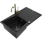 Mexen Cesar 1 Becken-Granitspüle mit Abtropffläche und Mischbatterie Carla, Schwarz - 6514-77-670700-50-B