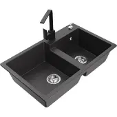 Mexen Tomas 2-Becken-Granitspüle mit Mischbatterie Rita, Schwarz gesprenkelt - 6516-76-670300-70