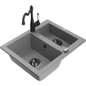 Mexen Carlos 1,5-Becken-Granitspüle mit Mischbatterie Carla, Grau - 6518-71-670700-70-B