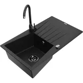 Mexen Cesar 1 Becken-Granitspüle mit Abtropffläche und Mischbatterie Telma, Schwarz - 6514-77-670200-70-B