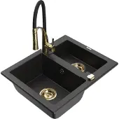 Mexen Carlos 1-Becken-Granit-Spüle mit Mischbatterie Aster, Schwarz/Silbermetallic - 6518-73-73450-57-G