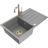 Mexen Bruno 1 Becken-Granitspüle mit Abtropffläche und Mischbatterie Carla, Grau - 6513-71-670700-50