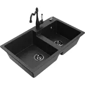 Mexen Tomas 2-Becken-Granitspüle mit Mischbatterie Carla, Schwarz/Silbermetallic - 6516-73-670700-70-B