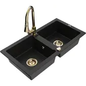 Mexen Mario 2-Becken-Granitspüle mit Mischbatterie Elia, Schwarz - 6504-77-670101-50
