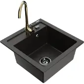 Mexen Vito 1-Becken-Granit-Spüle mit Mischbatterie Telma, Schwarz/Gold metallisch - 6503-75-670200-50-B