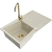 Mexen Cesar 1 Becken-Granitspüle mit Abtropffläche und Mischbatterie Telma, Beige - 6514-69-670200-50