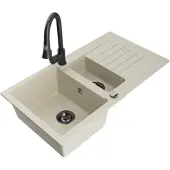 Mexen Matias 1,5-Becken-Granitspüle mit Abtropffläche und Mischbatterie Elia, Beige - 6502-69-670101-70