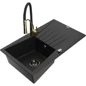 Mexen Cesar 1 Becken-Granitspüle mit Abtropffläche und Mischbatterie Aster, Schwarz - 6514-77-73450-57-B