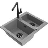 Mexen Carlos 1,5-Becken-Granitspüle mit Mischbatterie Flora, Grau - 6518-71-670401-70-B