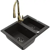 Mexen Carlos 1,5-Becken-Granitspüle mit Mischbatterie Savita, Schwarz/Gold metallisch - 6518-75-672601-50-B