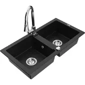 Mexen Mario 2-Becken-Granitspüle mit Mischbatterie Elia, Schwarz - 6504-77-670101-00