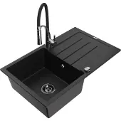 Mexen Bruno 1 Becken-Granitspüle mit Abtropffläche und Mischbatterie Aster, Schwarz - 6513-77-73450-07-B