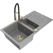 Mexen Matias 1,5-Becken-Granitspüle mit Abtropffläche und Mischbatterie Aster, Grau - 6502-71-73450-57-G