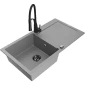 Mexen Leo 1 Becken-Granitspüle mit Abtropffläche und Mischbatterie Aster, Grau - 6501-71-73450-70-B