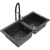 Mexen Mario 2-Becken-Granitspüle mit Mischbatterie Aster, Schwarz gesprenkelt - 6504-76-73450-07-B